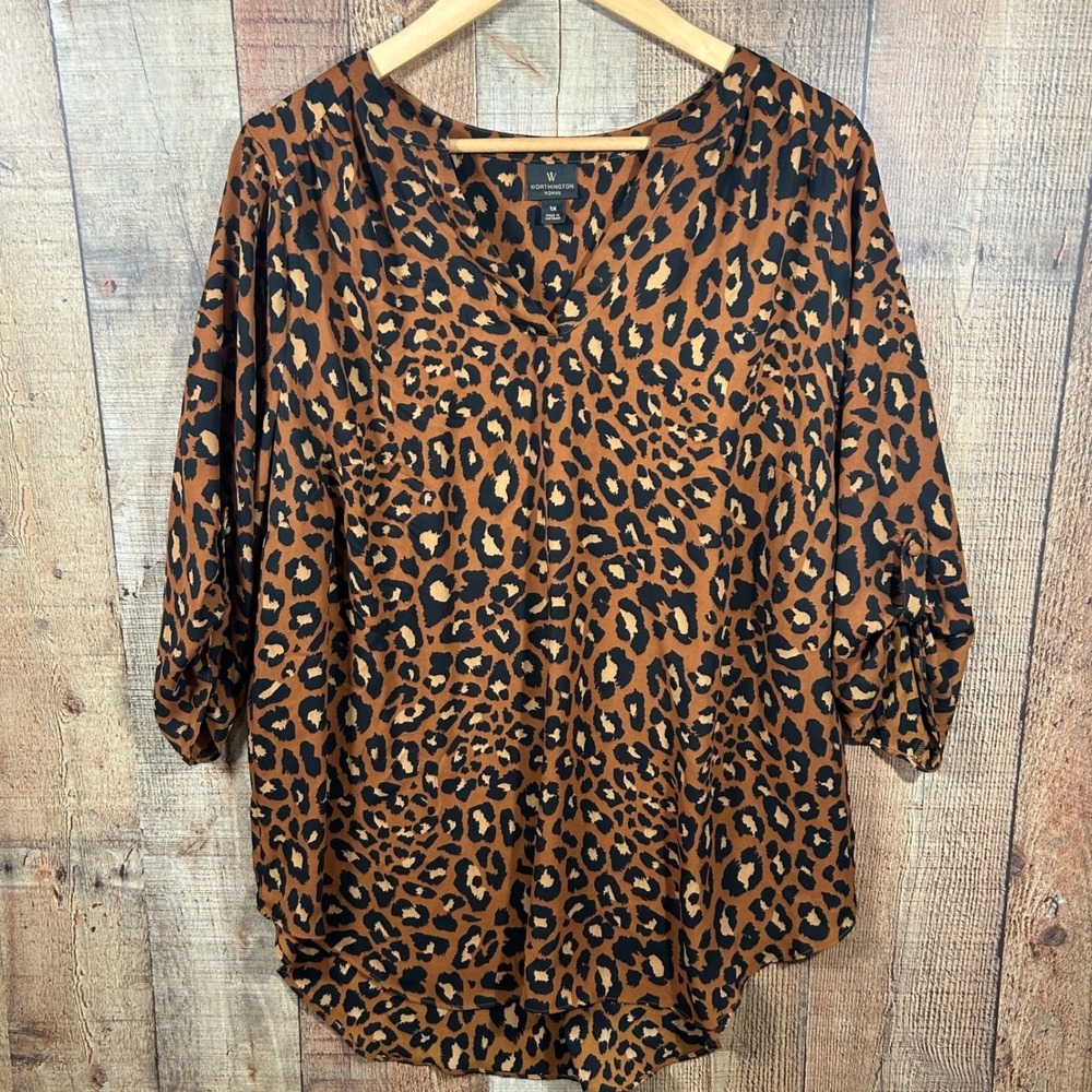 Worthington Leopard Animal Print Blouse 1X Brown Black Roll Tab Top Plus